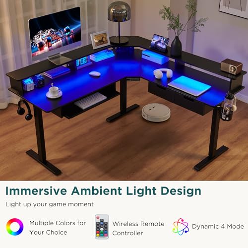 Image of RedLemon 60 Inches L Shaped Electric Standing Desk, Height Adjustable Corner Gaming Desk with Drawers, Power Outlets & LED Lights, Computer Desk with Monitor Shelf, Carbon Fiber Black