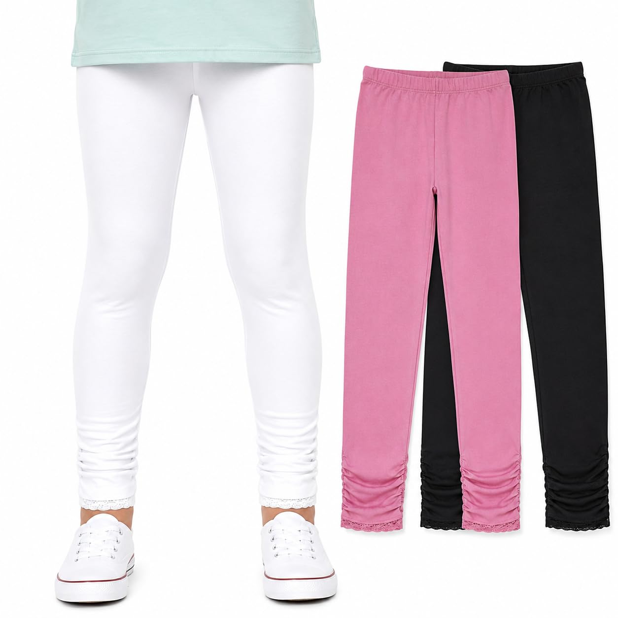 Bienzoe Girl's Cotton Stretchy School Uniform Lace Antistatic Legging, 8(8-9 Years), Black/White/Pink