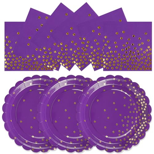 50PCS Purple Paper Plates and Napkins Set - Purple and Gold Dot Party Plates Disposable Party Tableware Dinnerware Set Partys Supplies Decorations for Birthdays Baby Shower Weddings and Holidays