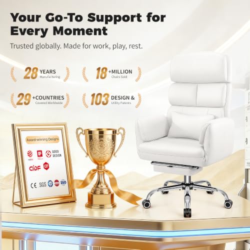 Image of Big and Tall Office Chair 500LBS, Ergonomic High Back Leather Executive Chair, Reclining Swivel with Adjustable Armrests Lumbar Support Footrest, Cross Legged, White
