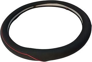 غطاء طارة دركسيون السيارة مصنوع من جلد طبيعي مزود بمسامات للتهوية ومضاد للانزلاق وأنيق ومريح لليد بمقاس 38 سم من لوكي بوي، لون أسود مع خط أحمر