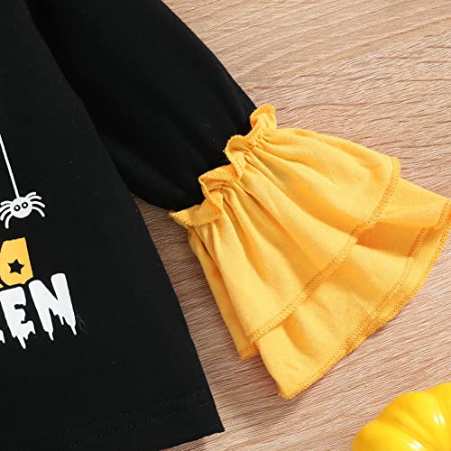 Camiseta infantil para meninas com babados, manga comprida, estampa de desenho animado, blusa e calç