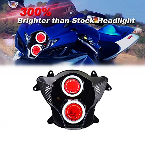 KT LED Headlight Assembly for Suzuki GSXR750 GSX-R750 2006-2007 Red Demon Eyes DRL Custom Modified Motorcycle Sportbike Front Head Lamp High/Low Beam Angel Eyes Daytime Running Light