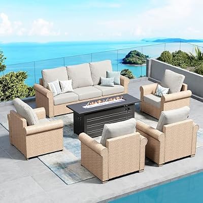 SUNSHINE VALLEY, 6-Piece, Wicker, Patio Conversation Set, Fire Pit Table