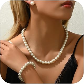 Pearl Necklace and Earring Set Faux Pearl Jewelry Sets for Women Imitation Beaded Pearl Necklace Bracelet Stud Earrings for Women