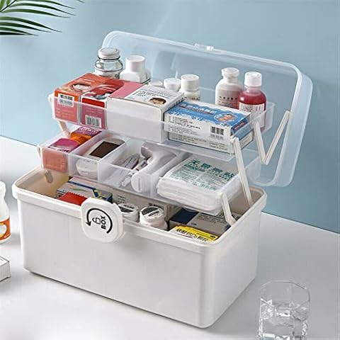 3 Layer Medicine Organizer Box First Aid Health Emergency Storage Box Large Capacity Medicine Storage Bins with Lid (White) Cover