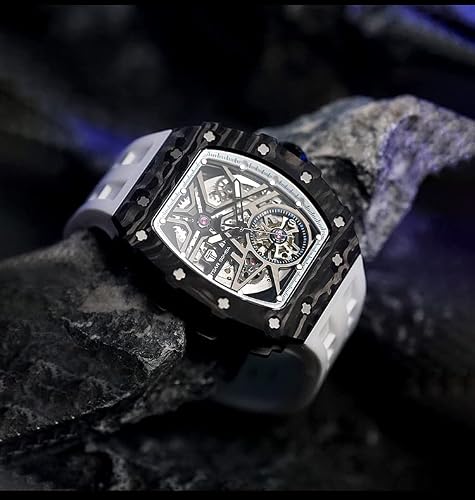 Tsar Bomba Men's Automatic Watch Mechanical Tonneau Luxury Skeleton Watches For Men 50M Waterproof Analogue Work Mens Wrist Watch Unique Cool Design Square Silver Big Face Wristwatch Silicone Strap #TOP3