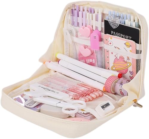 Oyachic Estuche de lápices beige, bolsa de lápices de apertura amplia, bolsa de lápices Oxford, estuches para adultos, mujeres, suministros de