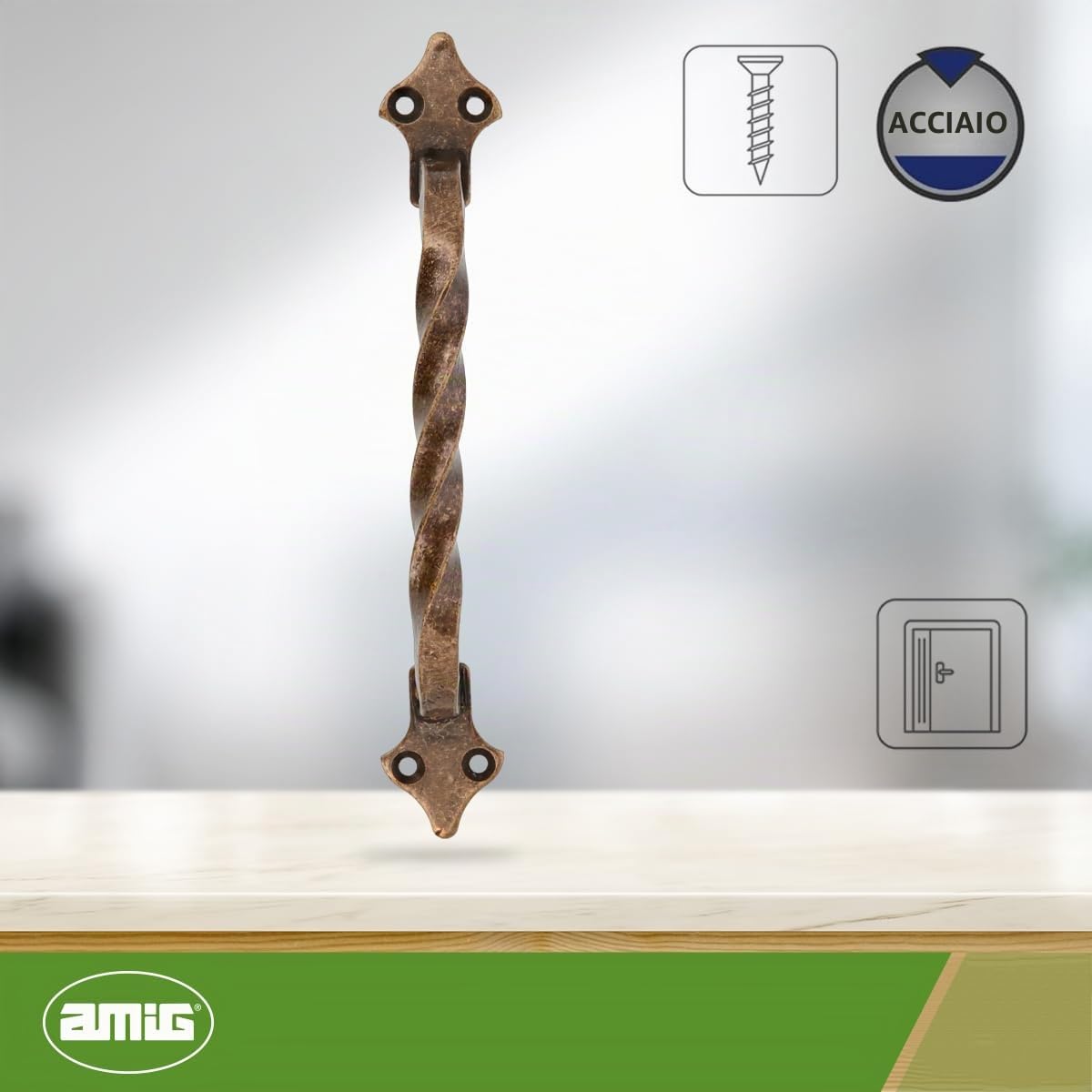 Amig - Maniglie per Mobili - Modello 1002 - Acciaio - Ferramenta Rustica - 130 mm - Senza Piastra - Viti incluse - Finitura: Cuoio