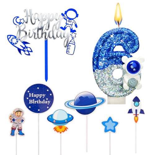 Bougies d'anniversaire Astronaute pour 6 Ans,Bougie Numéro Anniversaire Enfants,Decoration Gâteau Anniversaire Garcon,Espace Thème Décorations de Gâteaux...