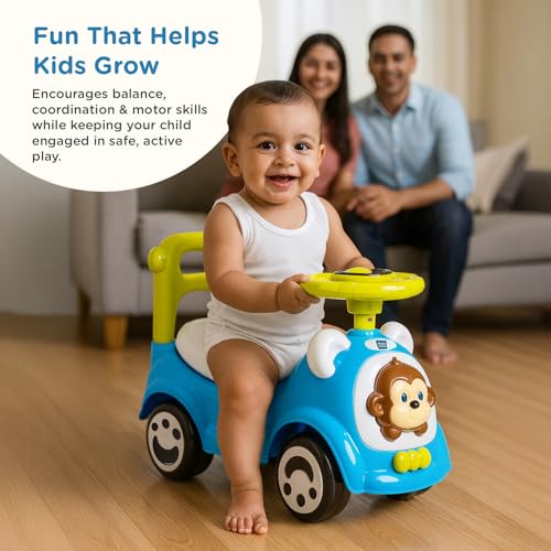 Image of Mee Mee Swift Cruze 3-in-1 Ride On Stroller Push Car for Boys & Girls, 1 Year+, with 360 Detachable Armrest & Guardrail, Music, Lights, Backrest & Underseat Storage - Indoor & Outdoor Use (Blue)