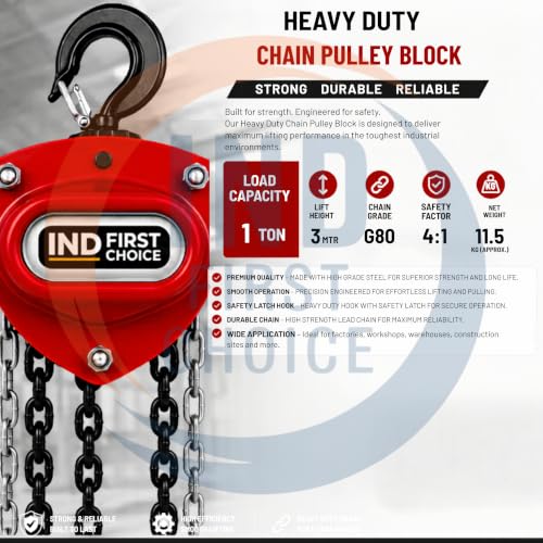 Image of IND 1 Ton 3 Meter Chain Pulley Block | Heavy Duty Manual Chain Hoist for Material Handling, Warehouse, Construction & Industrial Lifting