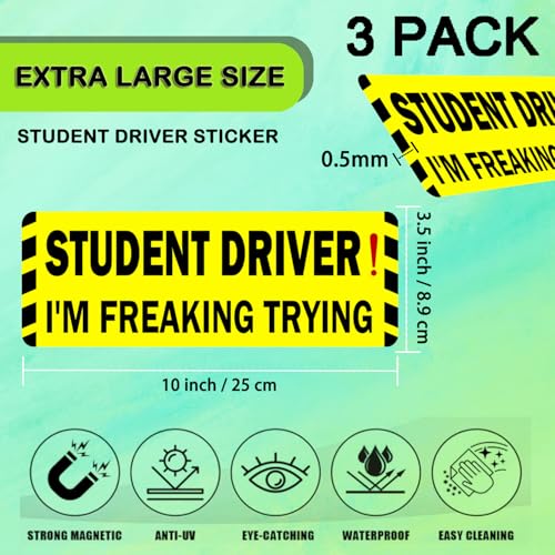 Image of 3 Pack Student Driver Magnet for Car, Magnetic Student Driver Sign for Vehicle, Reflective Warning Bumper Sticker Magnet Sign for New Driver, 10 inch x 3.5 inch (Yellow-Black)