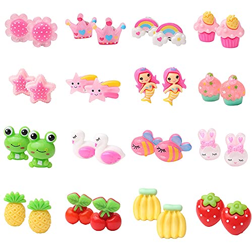 Aloces 16 Paare Clip Ohrringe Mädchen, Prinzessin Kinder Ohrclips Set, Mädchen Hypoallergene Ohrringe, Kinder Ohrclips Set Geburtstag Geschenk Party Favors Schmuck Zubehör in Klaren Boxen Cover