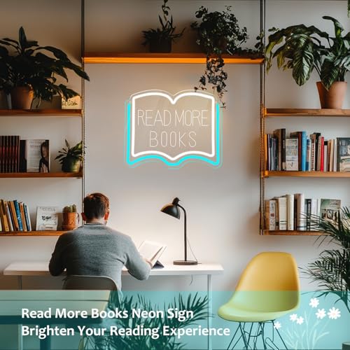 Image of Read More Books Neon Sign, Dimmable LED Reading Neon Light USB Powered for Library Classroom Bookstore Decor, Reading Room Wall Sign for Study Room Bookshelf, Book Lover Gift (Ice Blue)