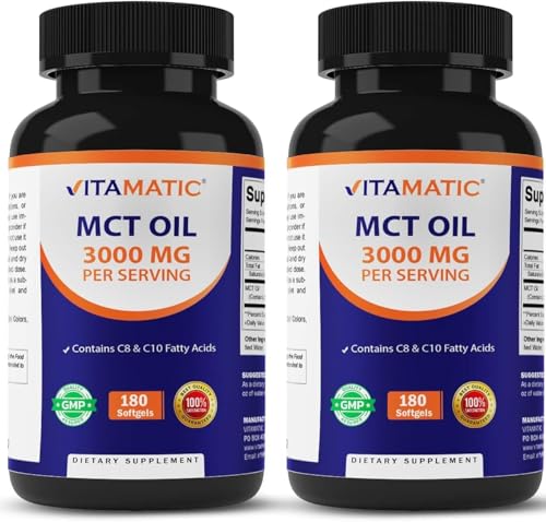Vitamatic 2 Packs MCT Oil Capsules 3000 mg per Serving - 180 Softgels - from Coconut Oil - Contains 55% caprylic Acid C8 and 40% capric Acid C10 (Total 360 Softgel)