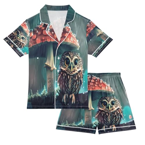 ALAZA Red Mushroom Owl Satin Pajamas Set Short Sleeve Button Down Sleepwear Summer Pjs 2 Piece