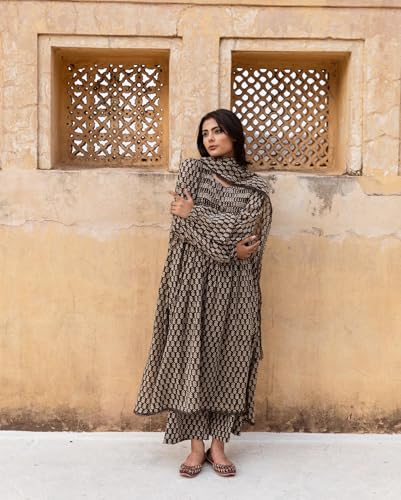 Image of GoSriKi Women's Kashmiri Faren Abaya Black Hand-Block Anarkali Kurta Set, Ethnic Loose Fit, Comfortable Party & Casual Wear