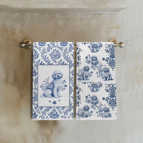 Image of Chinoiserie Poodle Kitchen & Hand Towels Set of 2, Blue and White Floral Dog Dish & Tea Towels for Kitchen Bathroom Decor,Vintage Toile Poodle Hand Towel for Farmhouse Bathroom Kitchen Decor