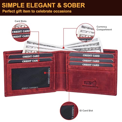 ASAD Leather Bifold Wallets For Men With 2 Note Compartment, 6 Card Slots, 2 Slip Pocket & 1 ID Slot, Leather Bifold Wallets For Men, Color - Crazy Horse Bordo4