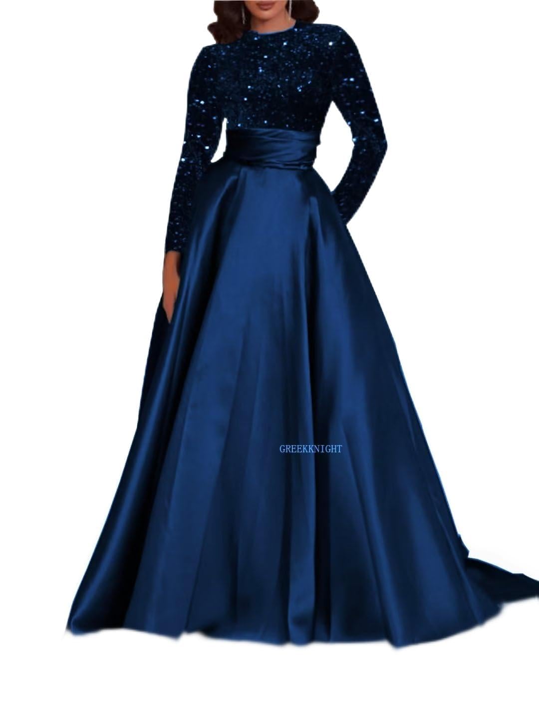 Long Sleeve Prom Dresses Sequin Satin Formal Gowns Round Neck