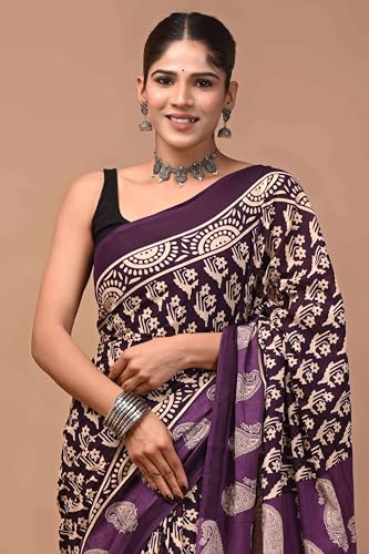 Image of Crafts Moda Hand Block Ajrakh Print Cotton Saree for women with Blouse | Soft comfortable wear sari