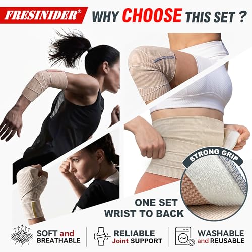 Image of FRESINIDER Premium Elastic Bandage Wrap 8 Pack, 2-6 Inch, Hook and Loop | Assorted-Width Cotton Compression Set Covers Wrist, Ankle, Knee and Thigh; Secure Ends for Full-Body Support and First Aid.