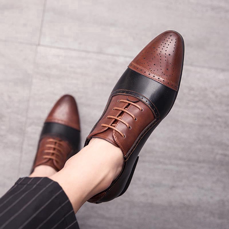 Men's Patchwork Multicolor Oxfords Shoes,Fashion Classic Carved Two Tone Lace Up Leather Low Heels Dress Shoes,Vintage Wing Tips Hand Stitched Colorblock Business Formal Derby Shoes4