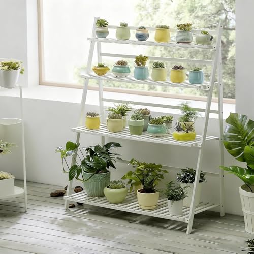 yxcen-home 天然竹製フラワースタンド 折りたたみ可能 3色から選べる プランタースタンド 植物棚 花棚 ガーデンラック 園芸ラック 多機能収納 室内屋外 観葉植物 鉢植え 組立簡単 ホワイト/4段100*47*122cm