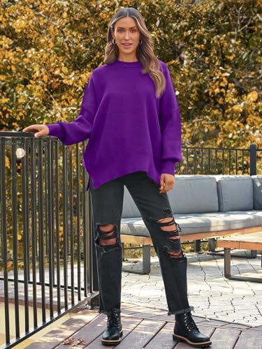 Image of LILLUSORY Women's Oversized Batwing Sweaters 2026 Fall Outfits Trendy Crewneck Knit Side Slit Fashion Pullover Tops