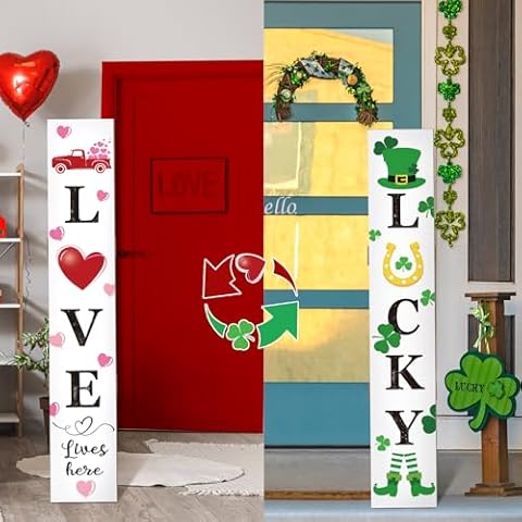 Memorywuu 47" 2 In 1 Double Side Valentine's Day Wooden Porch Sign St. Patrick's Day Lucky Love Sign Large Valentine's Day Porch Decor for Front Door Decorations Home Wall Hanging Spring Yard Party Cover