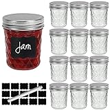 Small Mason Jars 6 oz with Airtight Silver Lids,12 Pack 200ml Glass Diamond Canning Jar,Wide Mouth Jam Jars for Jelly,Salad,Preserving,Fermenting,Wedding Favors(Labels and Chalk Marker Included)