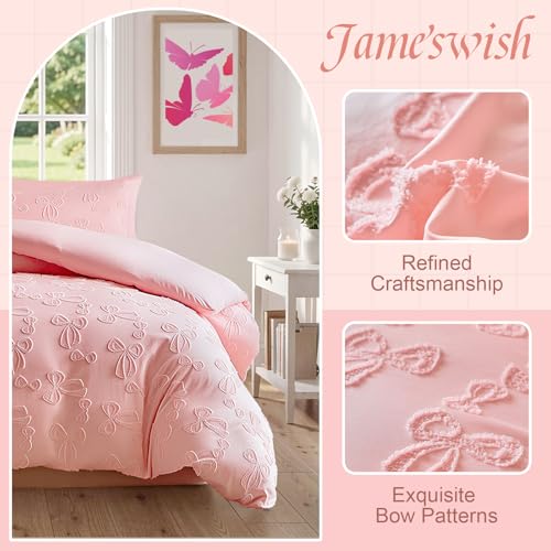 Image of 7 Pieces Bow Comforter Set for Girls Kids Pink Tufted Boho Bedding Set Twin Size Farmhouse Bed in A Bag as Gifts (1 Comforter, 1 Flat Sheet, 1 Fitted Sheet, 2 Pillowcase and 2 Pillow Sham)