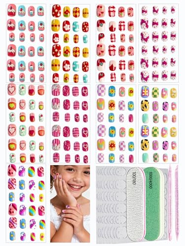 229PCS Press On Nails Kit for Grils with 216 Short Fake Nail Tips Glue On Nails, 2 Cuticle Sticks, 2 Files, Nail Art for Girls 8-12, Style 2
