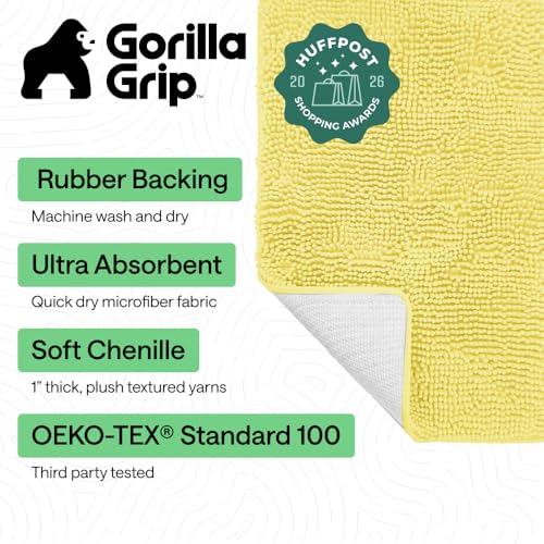 Image of GORILLA GRIP Bath Rug Mat, Thick Soft Absorbent Chenille, Quick Dry Microfiber Mats, Rubber Backing Washable Shower Floor Rugs, US Designed Bathroom Bathmat Home Decor Accessories, 24x17 Yellow