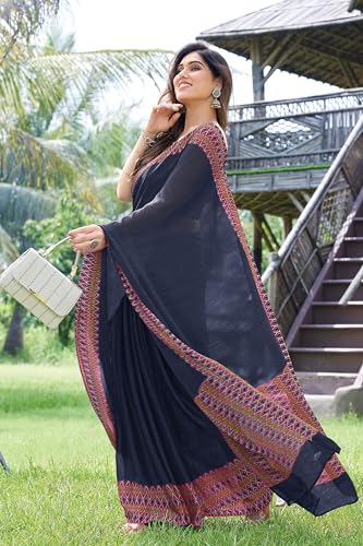 Image of MIRCHI FASHION Saree for Woman Chiffon Georgette Polka Dot Border | Plain Lightweight Women's Sari with Printed Pallu and Blouse Piece