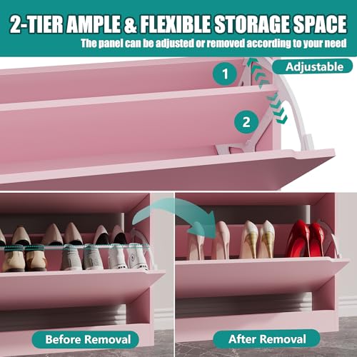 Image of Xixini Shoe Storage Cabinet for Entryway with 3 Flip Drawers, Sturdy Wood Hidden Shoe Storage, Freestanding Narrow Slim Shoe Organizer for Front Door Entrance, Living Room, Hallway, Bedroom, Pink