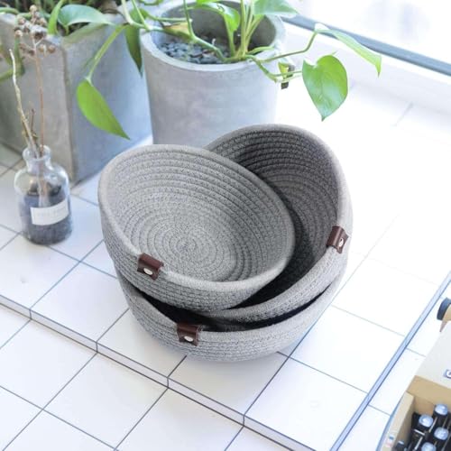Image of Handmade Jute Cotton Storage Baskets Set of 3 for Dining Table, Fruit Basket & Roti Bowl, Cane Style Organizer for Kitchen, Home Decor, Washable Multipurpose (Grey)