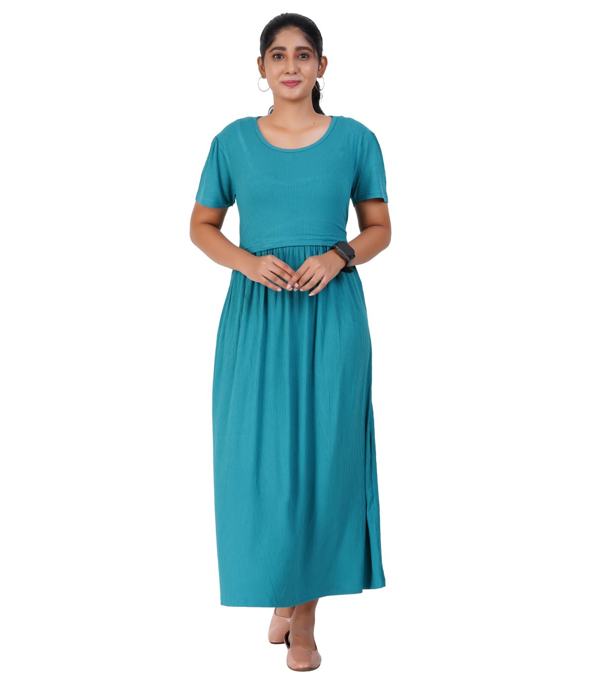 Modest Materna Green Ribbed Maternity Loungewear – 100% Cotton, Soft & Adjustable with Pockets, Long-Length, Sizes S-XXXL,...