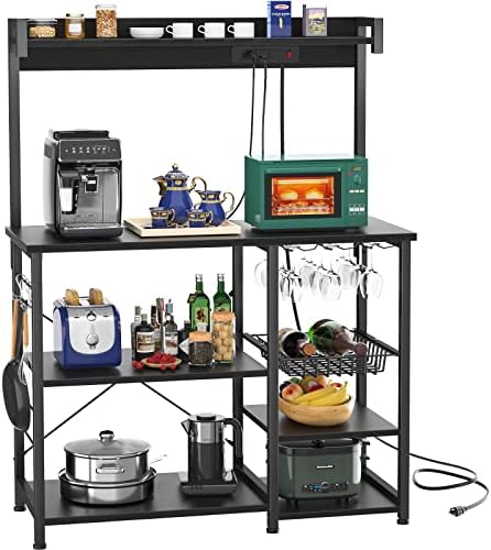 Topfurny Bakers Rack with Power Outlet, Microwave Stand, Kitchen Storage Shelf with Wire Basket, Coffee Bar Station with Wine Glass Holder, 35.4" Kitchen Stand Rack for Spices, Pots, and Pans, Black