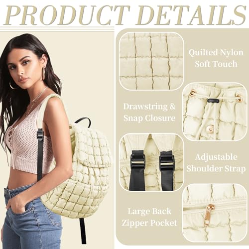 Image of izuzta Quilted Puffer Backpack for Women, Lightweight Soft Nylon Quilted Hiker Pack, Trendy Puffy Padding Gym Backpack, Travel Bag for Casual Daypack Hiking Sport (Beige)