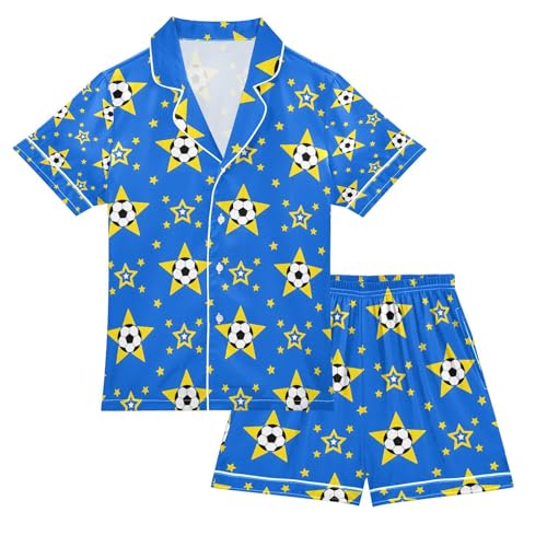 senya Soccer Star Blue Satin Summer Pajama Sets Silk Short Sleeve Button Down Sleepwear