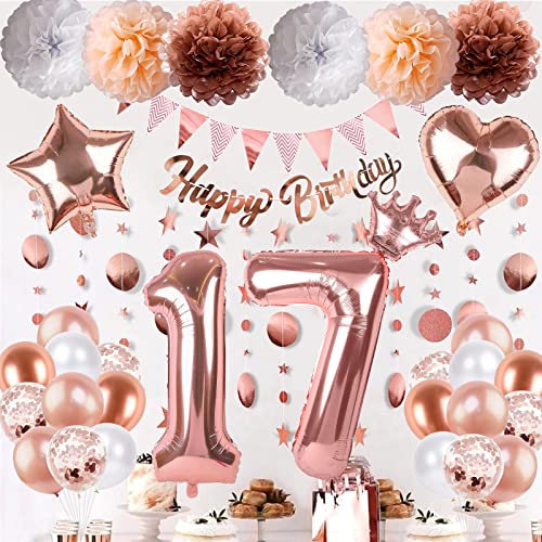 17Th Birthday Decorations For Girls, Rose Gold White Confetti 17Th Birthday Balloons Happy Birthday Bunting Banner Paper Pom Poms With Circle Dot Garland For 17 Year Old Birthday Party Decor Supplies #TOP6