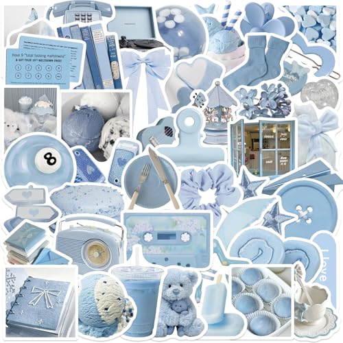 50 Pcs Blue Aesthetic Stickers - Waterproof Kawaii Vintage Blue Decals for Phones Laptops Water Bottles Gifts for Indie Kids & Aesthetic Enthusiasts(Colourful-P7)