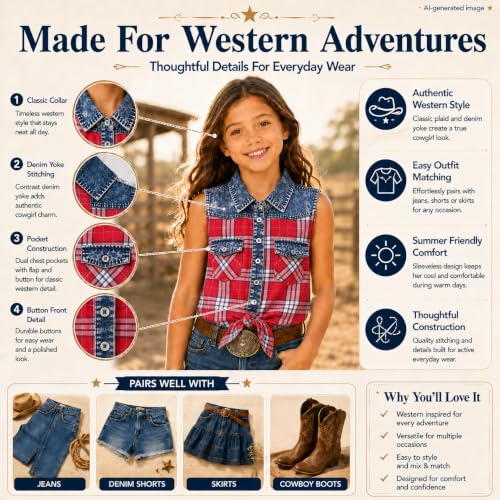 Image of Bienzoe Western Plaid Girls Shirt: Sleeveless Button Down