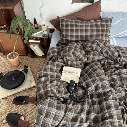 Image of Gingham Duvet Cover Set King Size Brown Blue Bedding Set for Girls Boys,Vintage Buffalo Plaid Duvet Comforter Cover with Grid Pattern with Zipper Closure and 2 Pillowcases