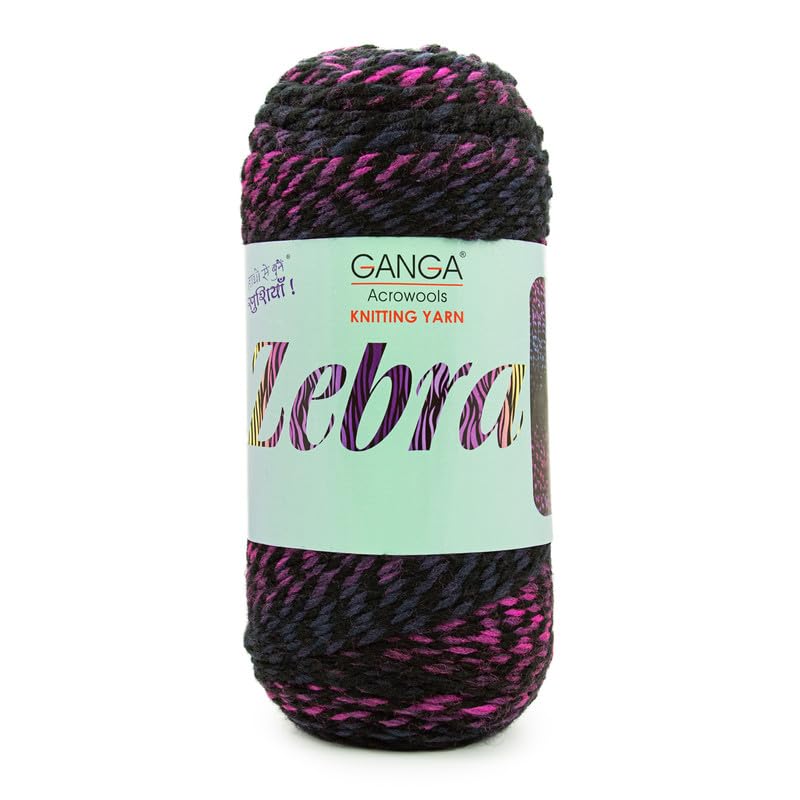 Image of Ganga Acrowools Zebra Acrylic Hand Knitting Fancy Yarn, A Pack of 2 Balls- 150gram Each, Shade No. - PTT1317, Black Rose