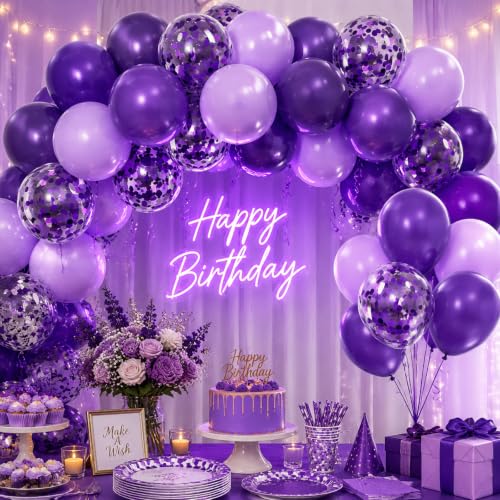 Image of 100Pcs Purple Balloons with Metallic Pastel Dark Purple Confetti Balloons | 12inch Purple Chrome Confetti Latex Balloons Kit for Women Birthday Wedding Baby Bridal Shower Halloween Party Decorations
