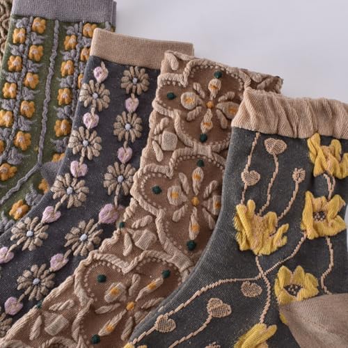 Image of 5 /10 Pairs Floral Vintage Patterned Crew Socks for Women Jacquard Knit Setfor Casual Wear Size 4-9
