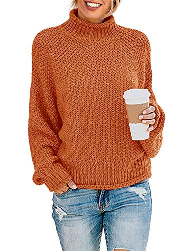 Image of ZESICA Women's Turtleneck Batwing Sleeve Loose Oversized Chunky Knitted Pullover Sweater Jumper Tops,Orange2,XX-Large